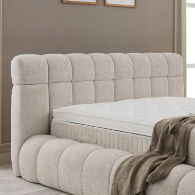 Hoofdbord detail Opbergbed Raina stoffering